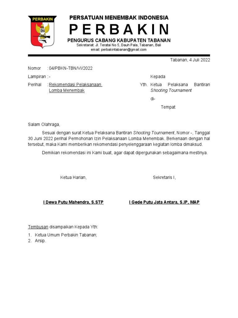 Perbakin 4 Surat Rekomendasi Lomba Menembak Bantiran | PDF