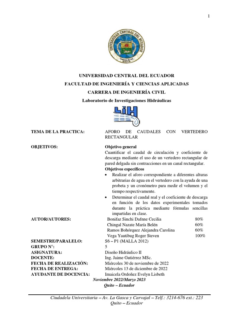 Informe Práctica #24 - Aforo de Caudales en Un Vertedero Rectangular ...