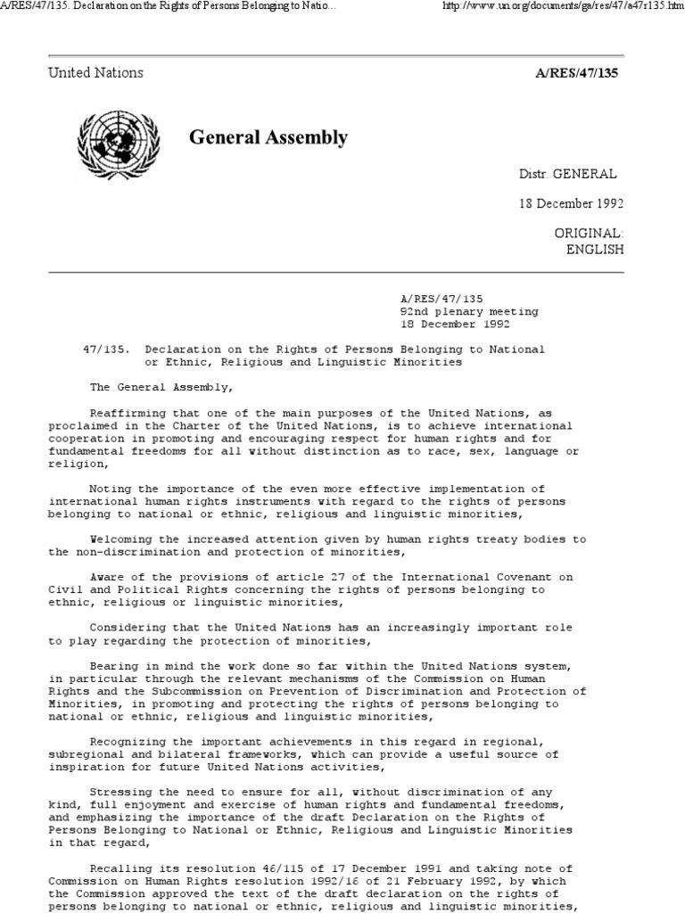 UN General Assembly Resolution A/RES/47/135 Dec 18, 1992 Minority