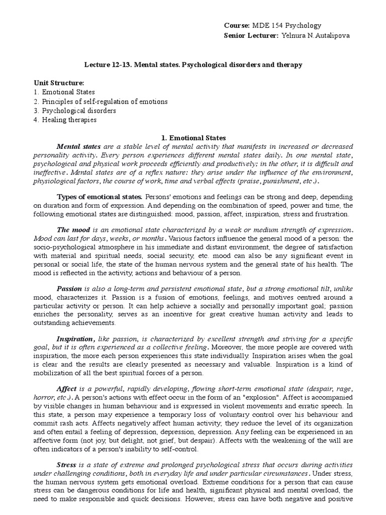 Lecture 1213. Mental States. Psychological Disorders and Therapy PDF