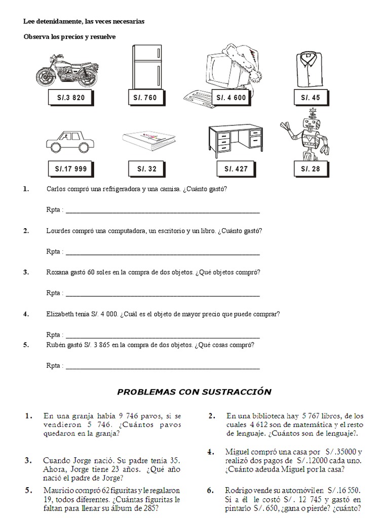 Problemas Con Operaciones Basicas para Cuarto de Primaria | PDF