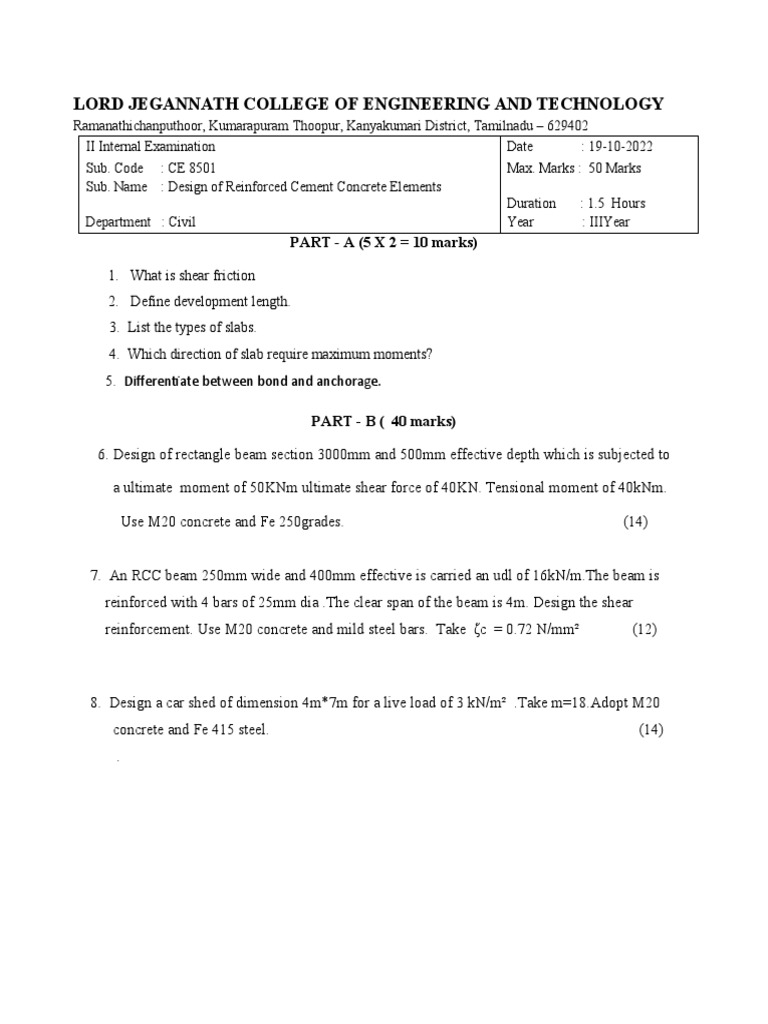 RCC Design Exam Paper CE 8501 | PDF
