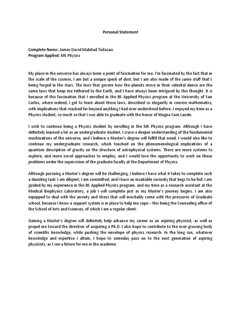 MS Physics Personal Statement: James Tuñacao | PDF | Physics | Science