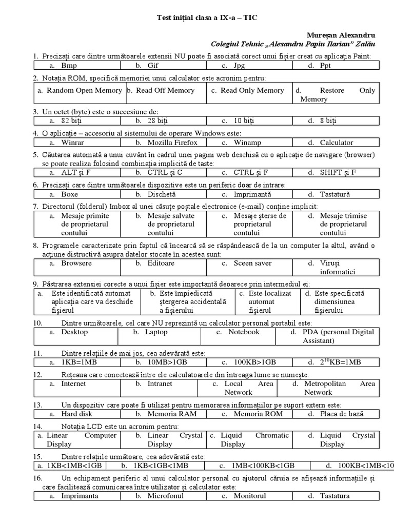 Test Initial TIC Cls9 Mureșan Alexandru | PDF