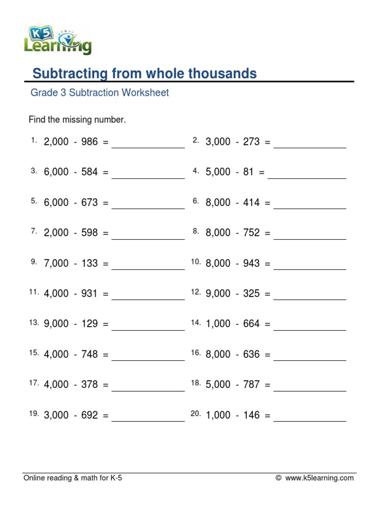 Grade 3 Subtract Whole Thousands A | PDF | Teaching Methods \u0026 Materials, image size:768x1024
