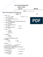 Half-Yearly Math Exam Questions For 5th Grade Class