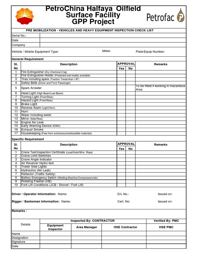 Form-4-Premobilization - Vehicle and Heavy Equipment Check List | PDF ...
