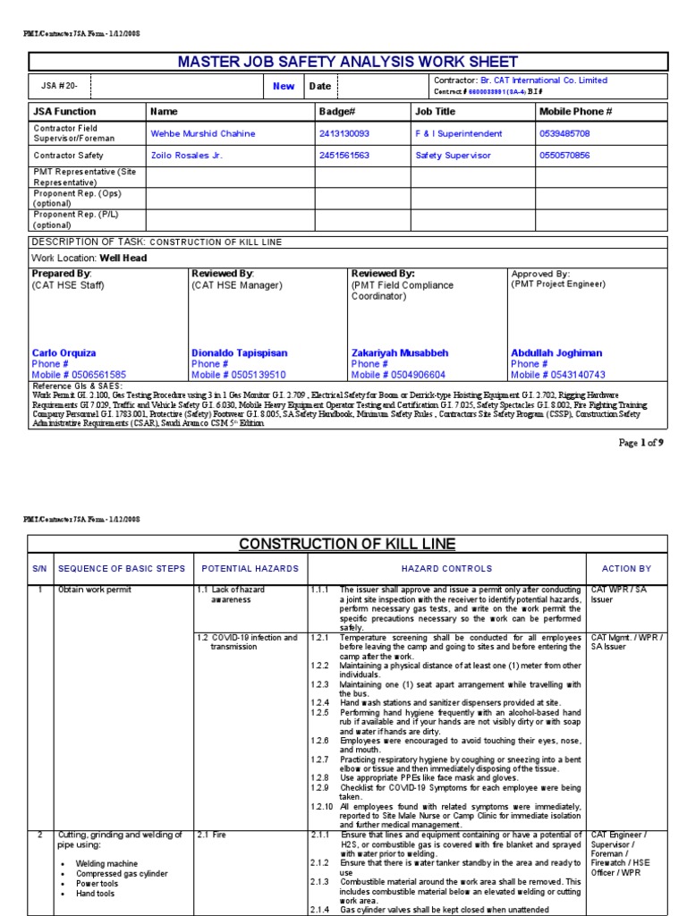 Contractor JSA Form for Kill Line Construction | PDF | Welding ...