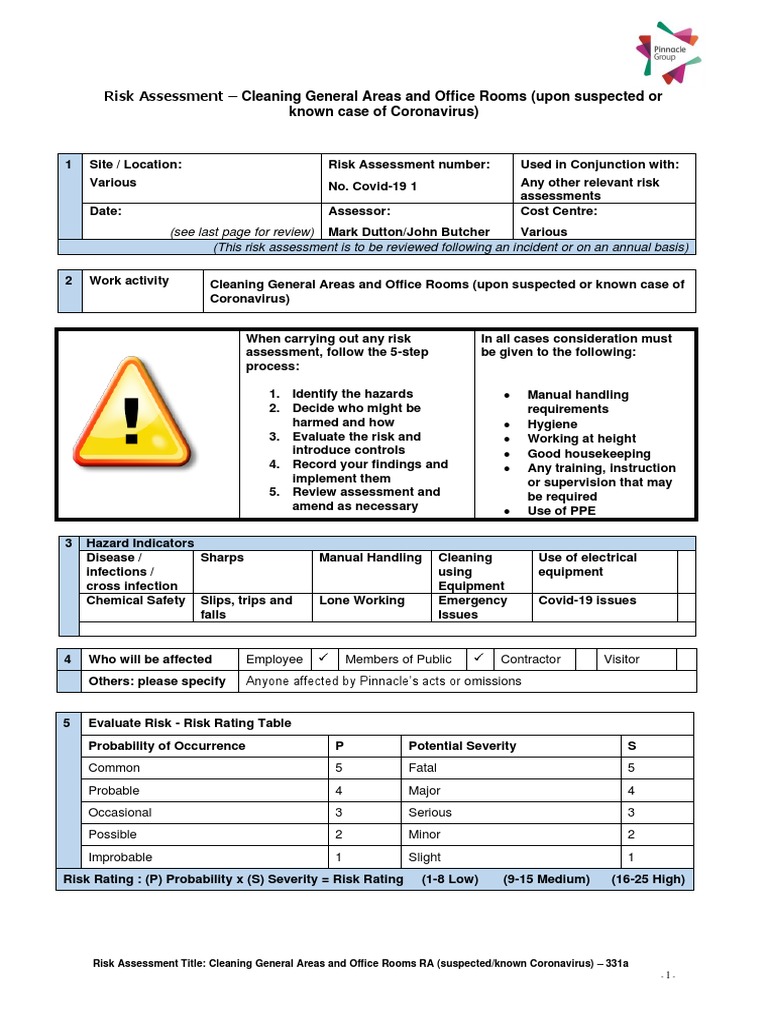Risk Assessment for Cleaning General Areas and Office Rooms Upon