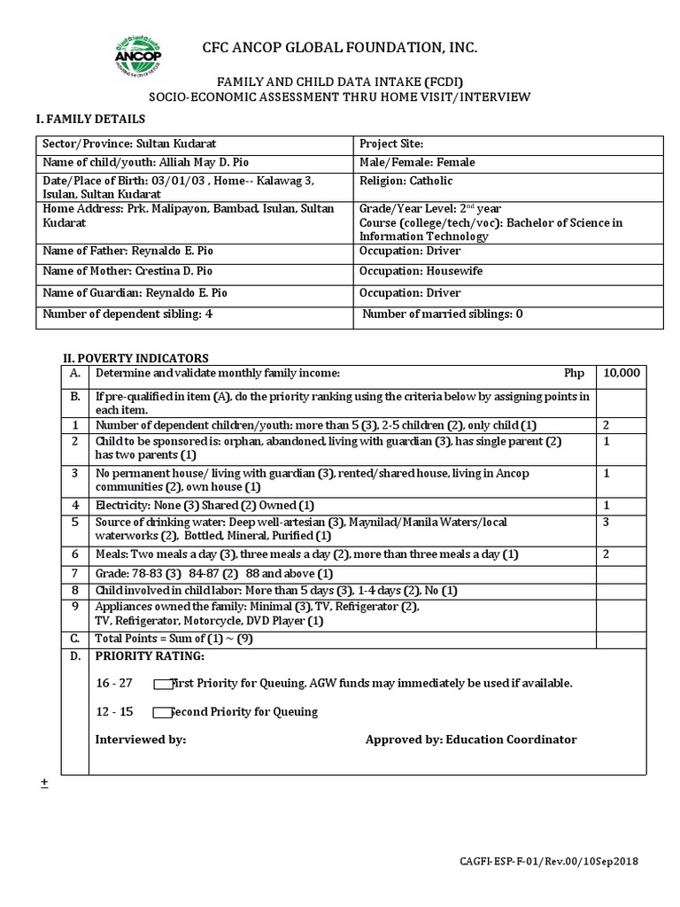 CAGFI ESP F 01 R0 Family and Child Data Intake Form FCDI 10sep2018 | PDF