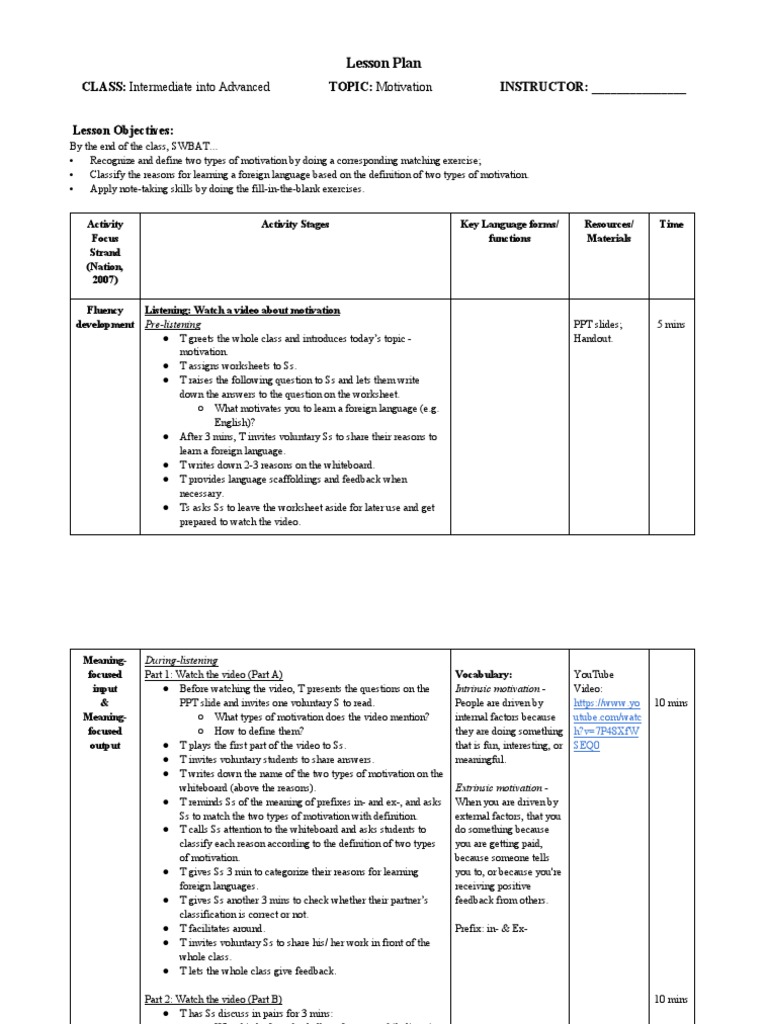 Lesson Plan - Motivation | PDF | Motivation | Motivational