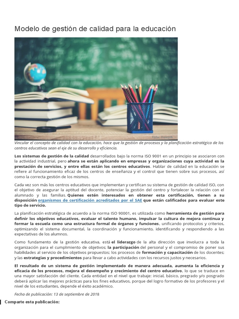 Gestión de Calidad ISO en Educación | PDF | Sistema de manejo de ...