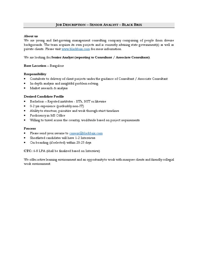 Senior Analyst Role at Black Brix | PDF