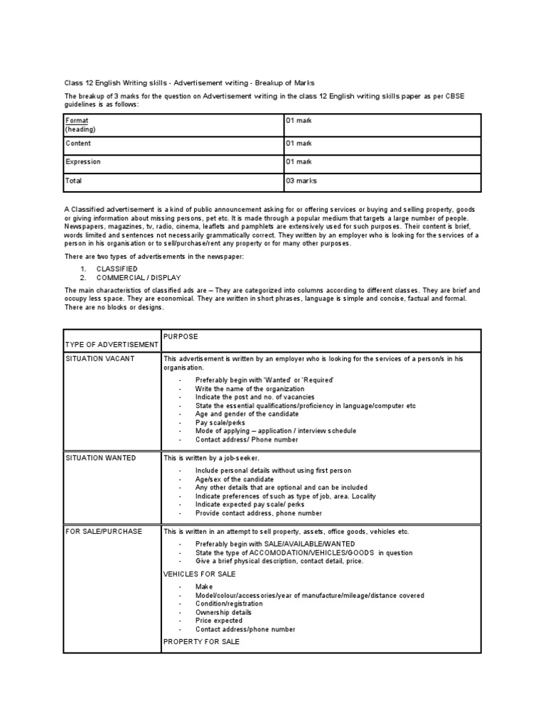 Class 12 English Writing skills - Advertisement format breakdown | PDF ...