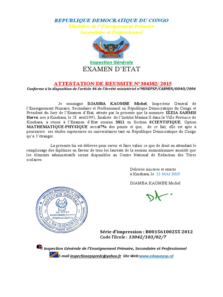 Attestation de Reussite | PDF | Enseignement secondaire