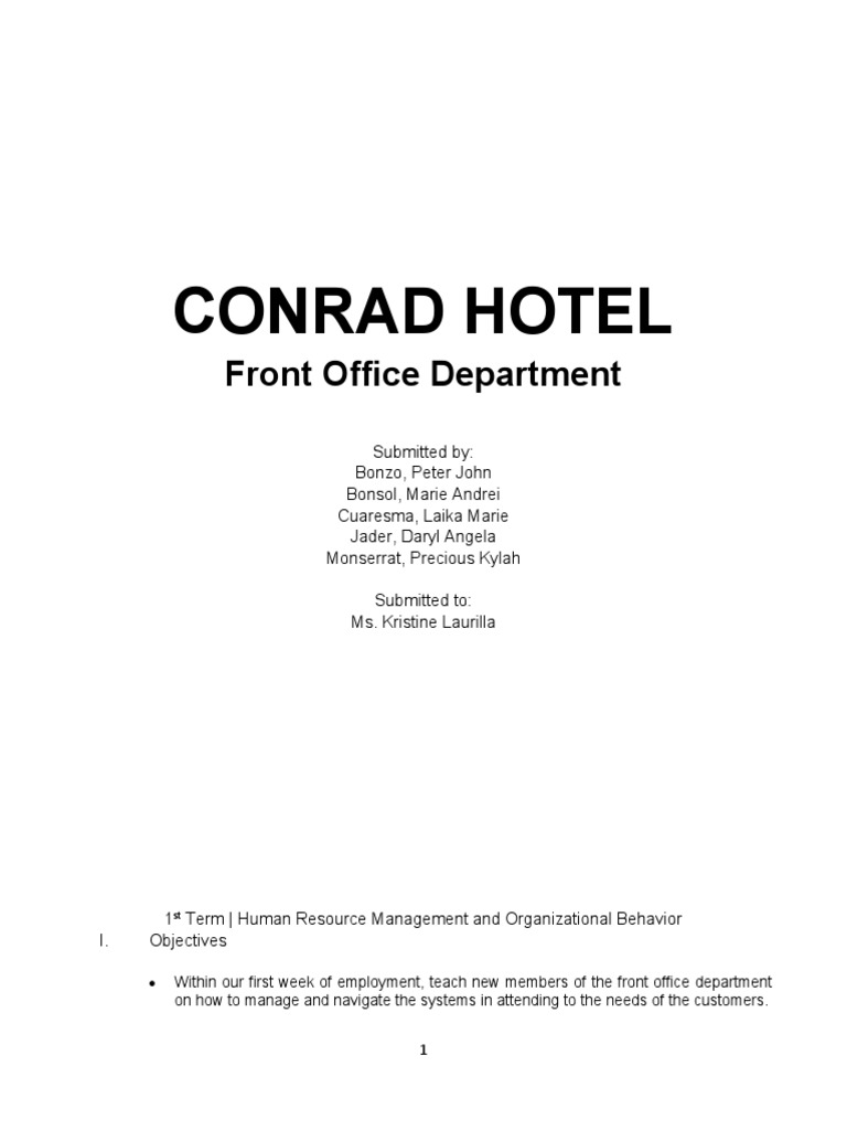 Conrad Hotel Front Office Department Training Objectives and Checklist