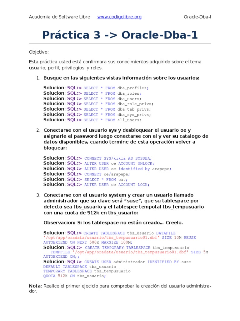 Practica 3 Oracle DBA I Usuarios | PDF | SQL | Bases de datos