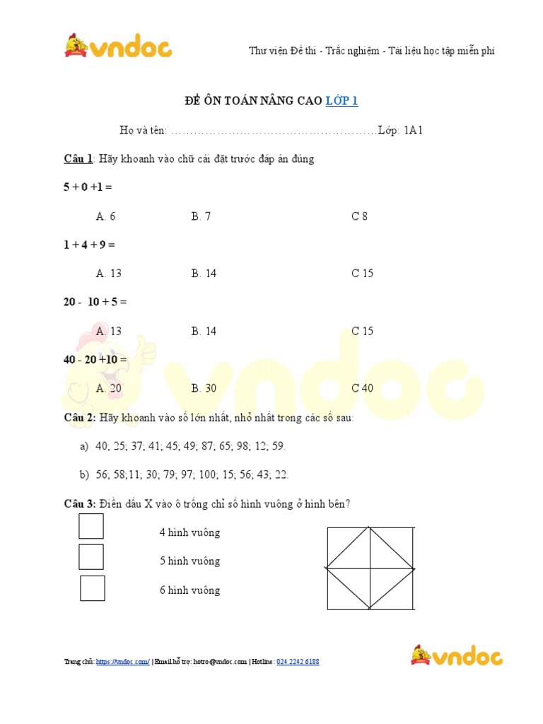 De On Tap Mon Toan Nang Cao Lop 1 | PDF