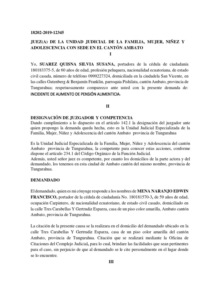 DEMANDA Inssidente Amumento de Pension Alimenticia PDF Pensión