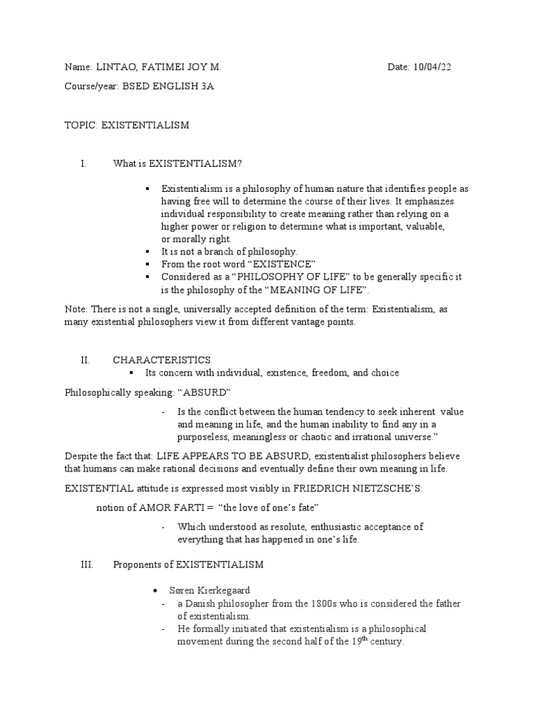 Existentialism: Philosophy of Life | PDF | Existentialism | Meaning Of Life