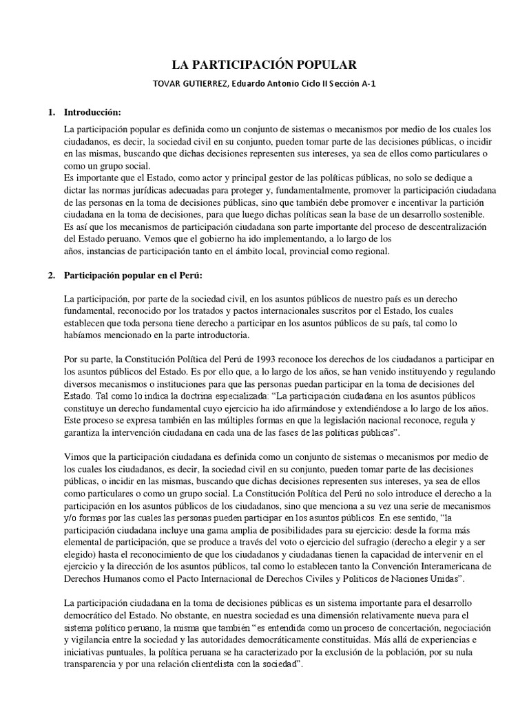 La Participación Popular PDF Participación pública Democracia