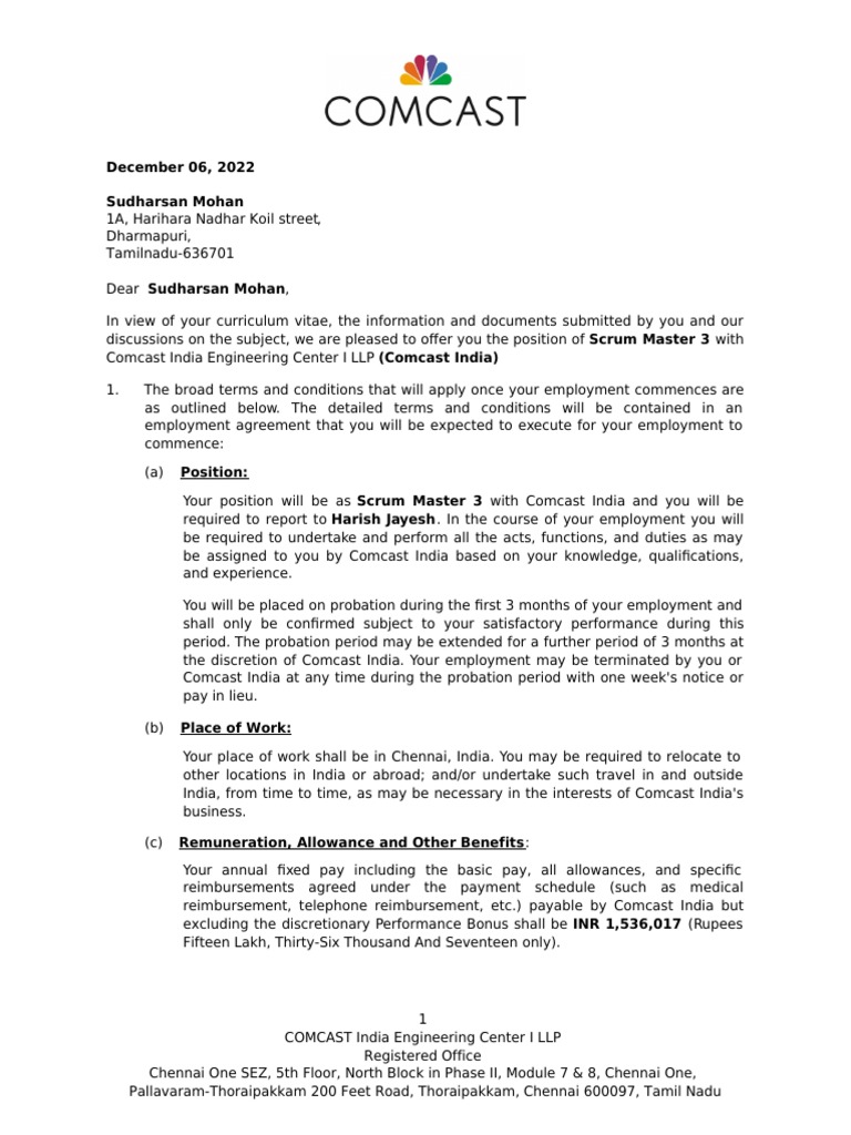 Comcast India Job Offer for Scrum Master | PDF | Finance & Money Management