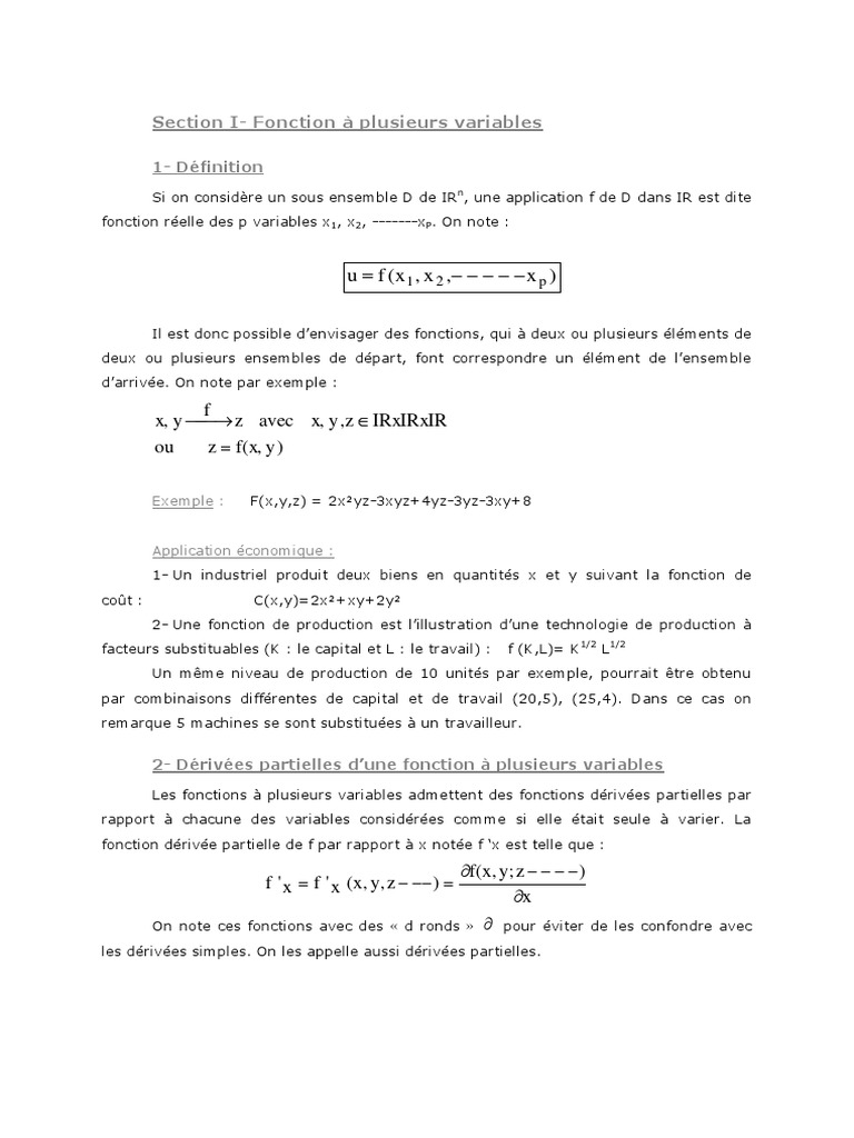 Fonctions à Plusieurs Variables: Définitions et Applications | PDF ...