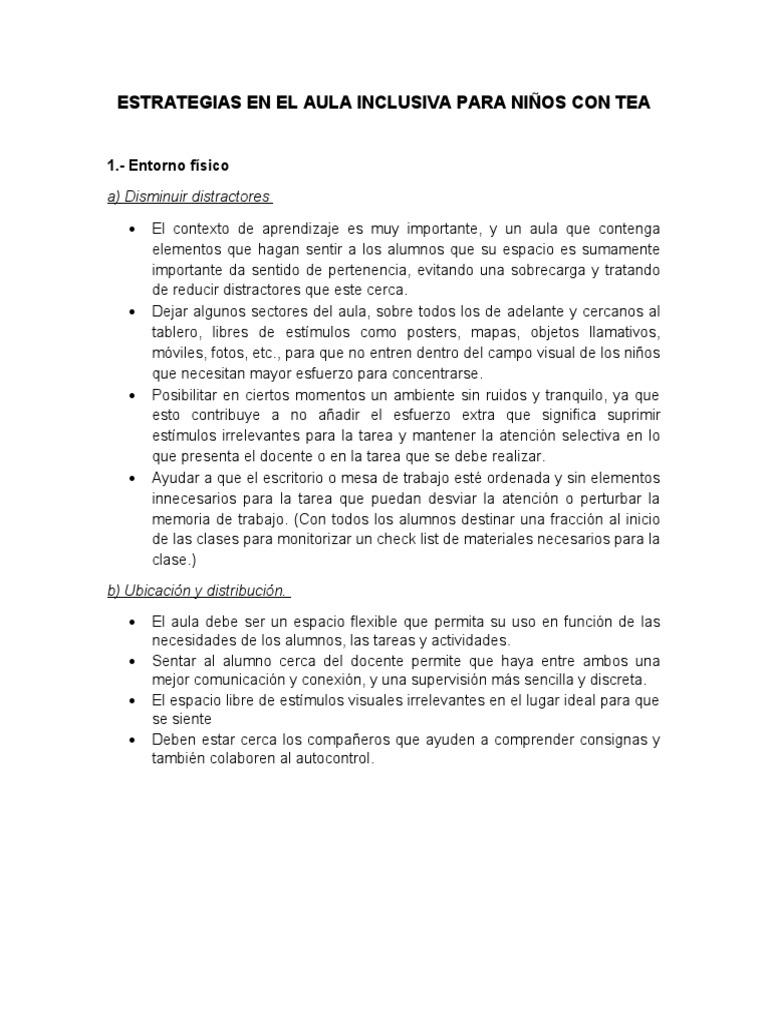 Estrategias en El Aula Inclusiva para Niños Con Tea | PDF | Aprendizaje ...