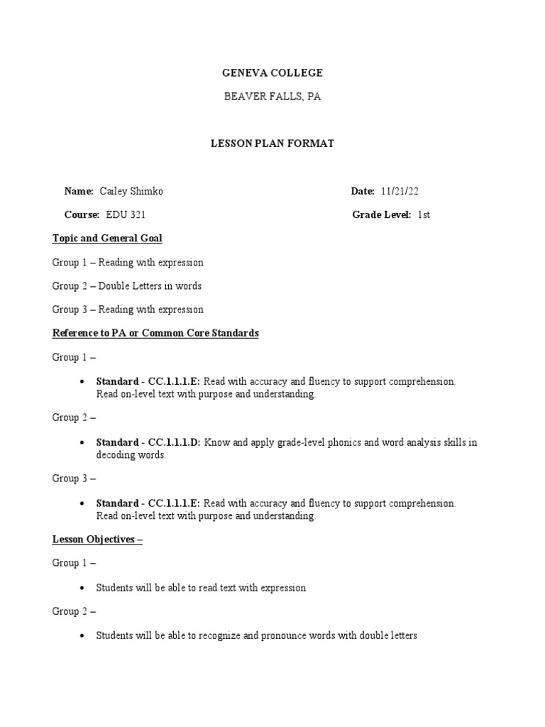 Reading Lesson Plan for 1st Grade | PDF | Books | Reading Comprehension