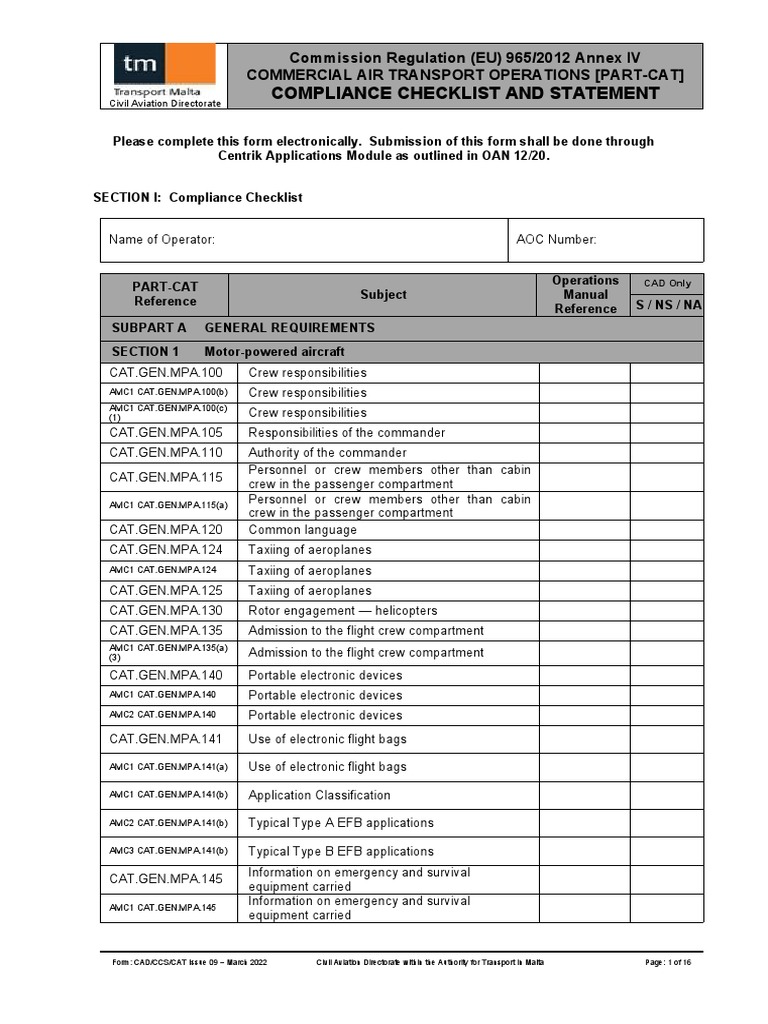Commercial Air Transport Compliance Checklist | PDF | Aviation | Airplane