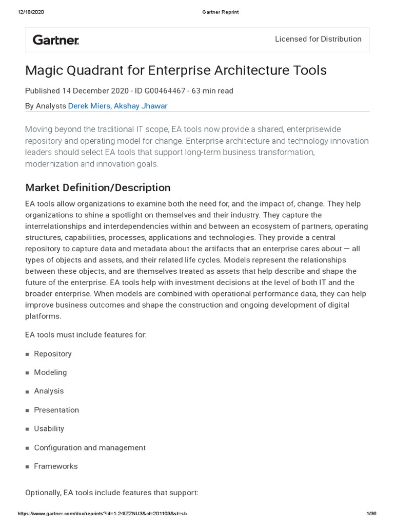 Gartner Magic Quadrant For Enterprise Architecture Tools2020Q4 PDF