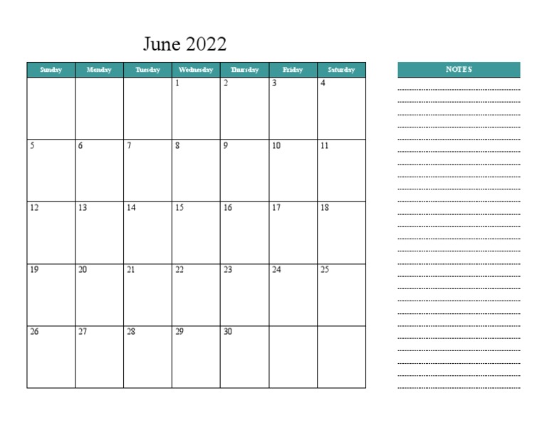 2022 06 June Calendar Bluegreen Notes Glandscape en PDF