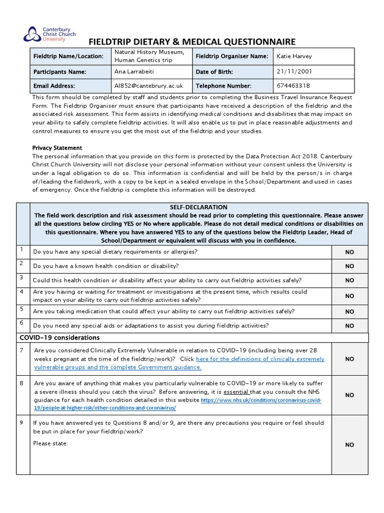 Fieldtrip Dietary Medical Questionnaire NHM PDF National Health