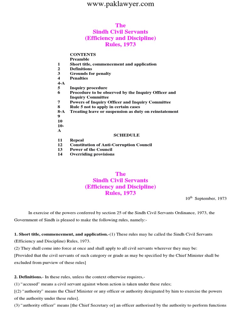 Sindh civil servants efficiency and discipline rules 1973 1 pdf