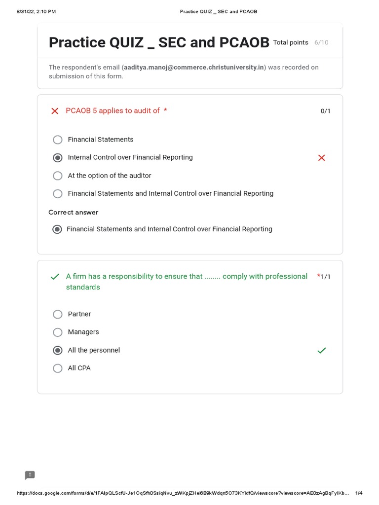 SEC and PCAOB Practice Quiz Insights | PDF | Internal Control | Audit