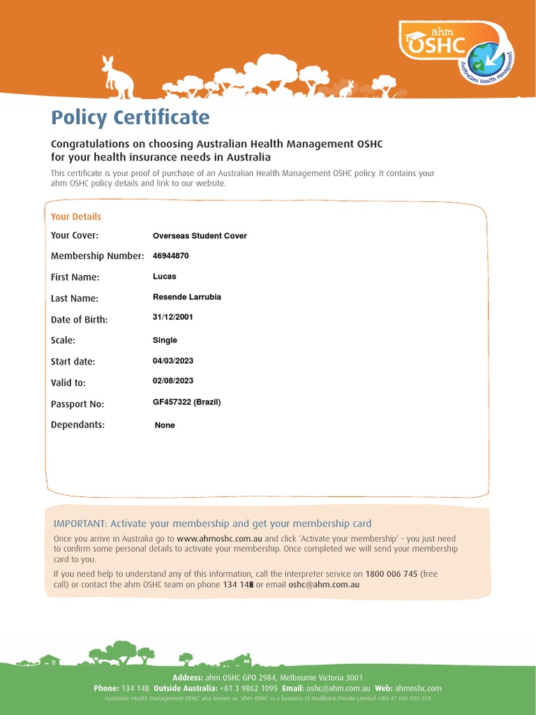 AHM OSHC Policy Certificate Overview | PDF