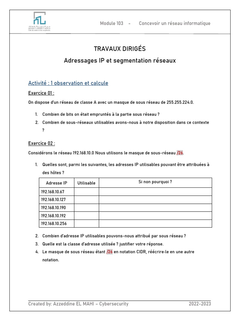 Exercices sur l'adressage IP et réseaux | PDF | Adresse IP | Réseau ...