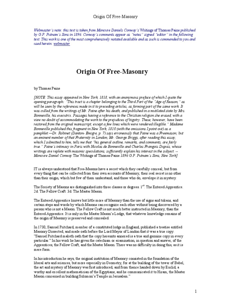 Origin of Freemasonry-Thomas Paine | PDF | Freemasonry | Solomons