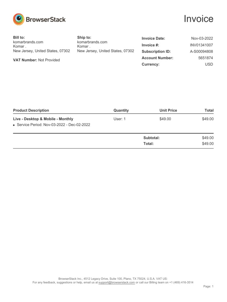 Invoice for BrowserStack Subscription | PDF