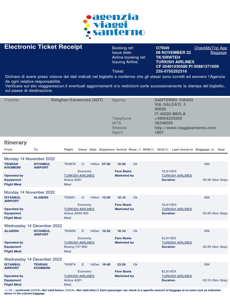 Turkish Airlines Flight Itinerary and Ticket Receipt from Tehran to