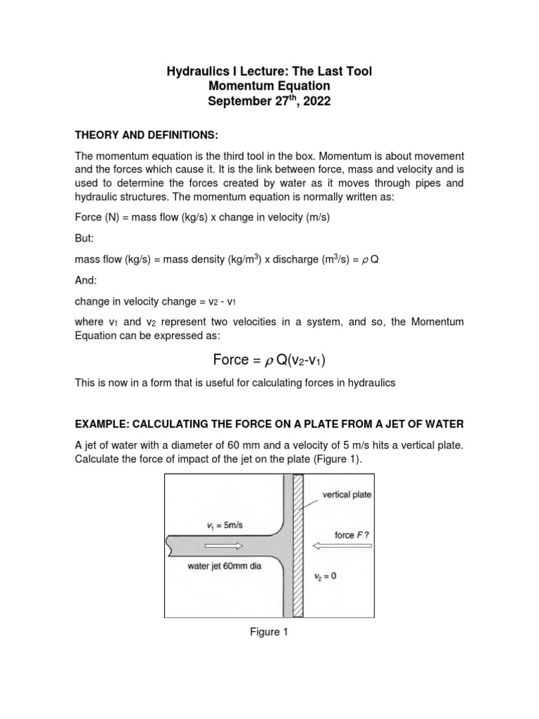 Hydraulics I Lecture 13 27sep2022 PDF Force Momentum