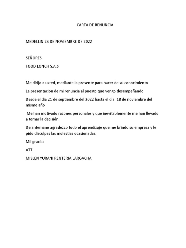 Renuncia de Mislen Rentería a Food Lonch | PDF