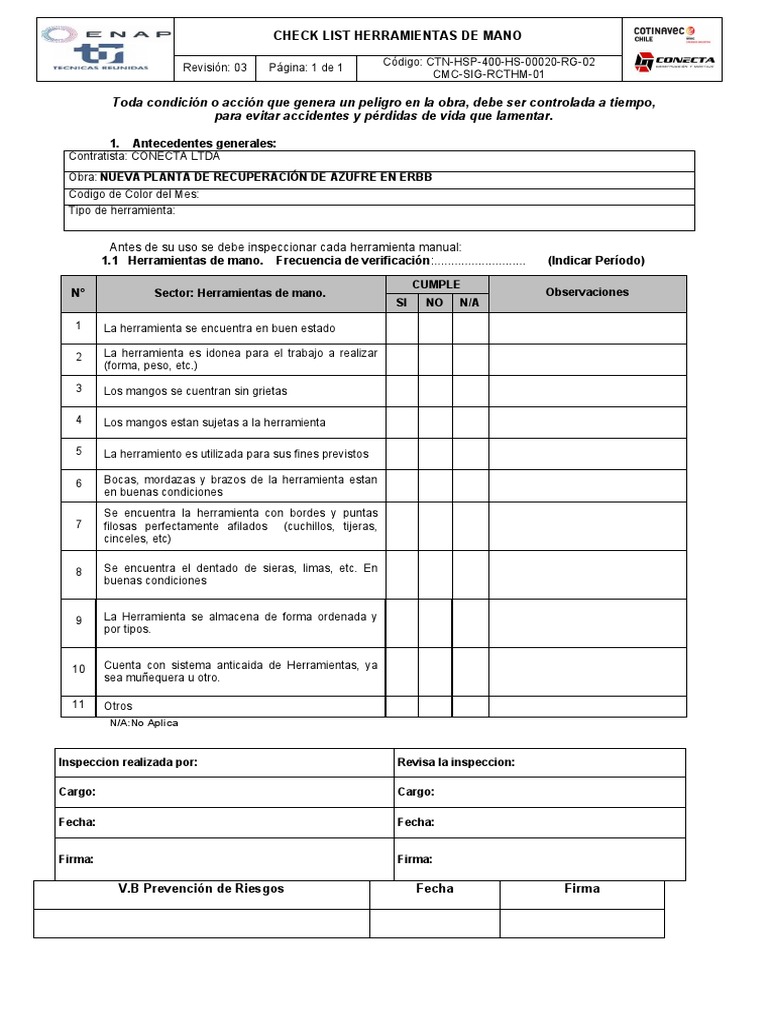 Check List Herramientas de Mano (CMC-SIG-RCTHM-01) Rev 03 | PDF