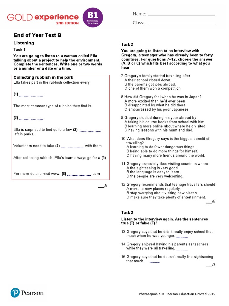 Gold Exp B1 EoY Main Test B | PDF