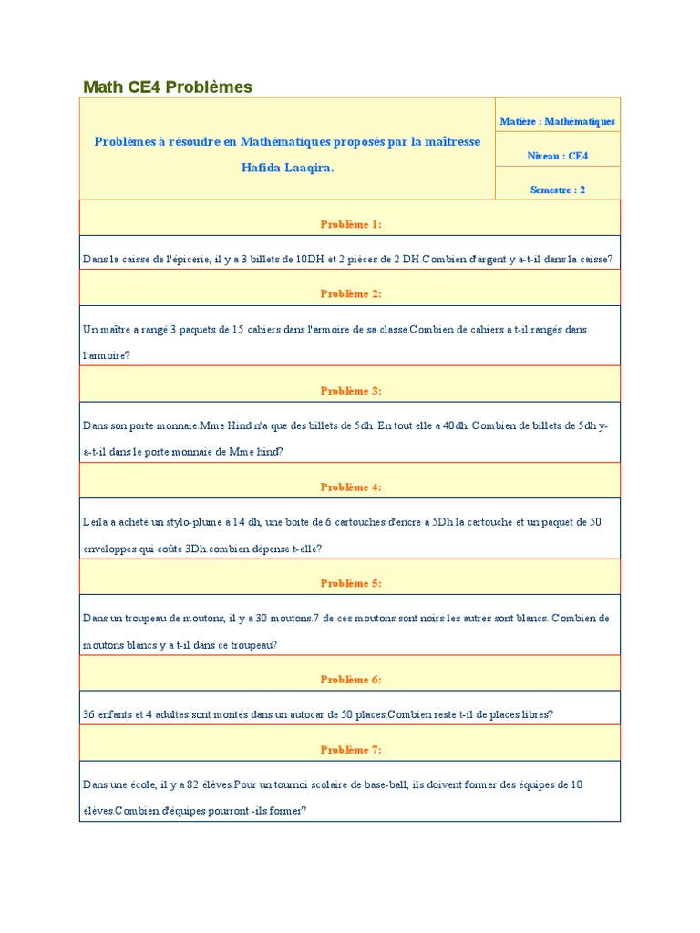 Problèmes de Maths CE4 à Résoudre | PDF