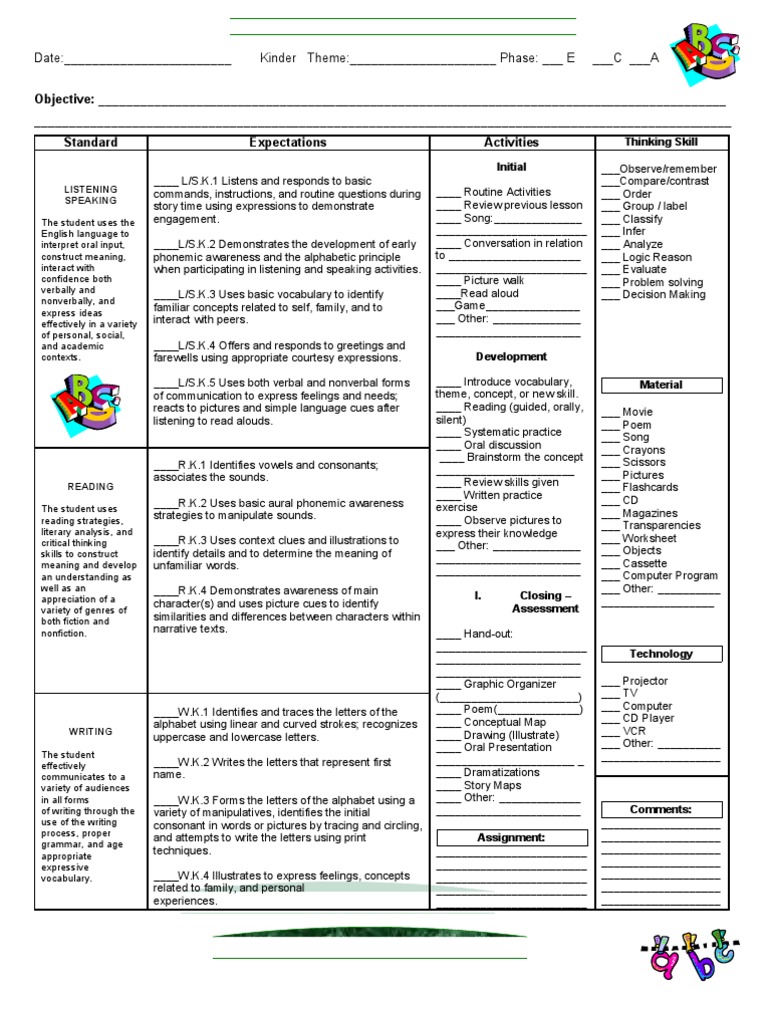 Kindergarten and 1st Grade Language Arts Plan | PDF | Reading ...
