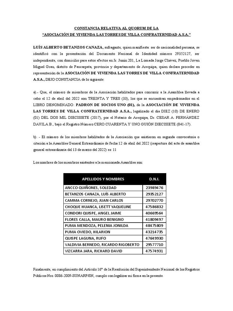 Quorum Asamblea Asociación Las Torres | PDF