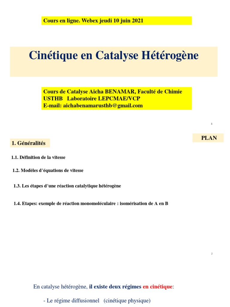 Cinétique des Réactions Catalytiques | PDF | Catalyse | Cinétique chimique