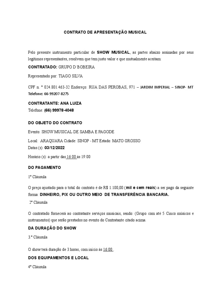 Contrato de Apresentação Musical | PDF
