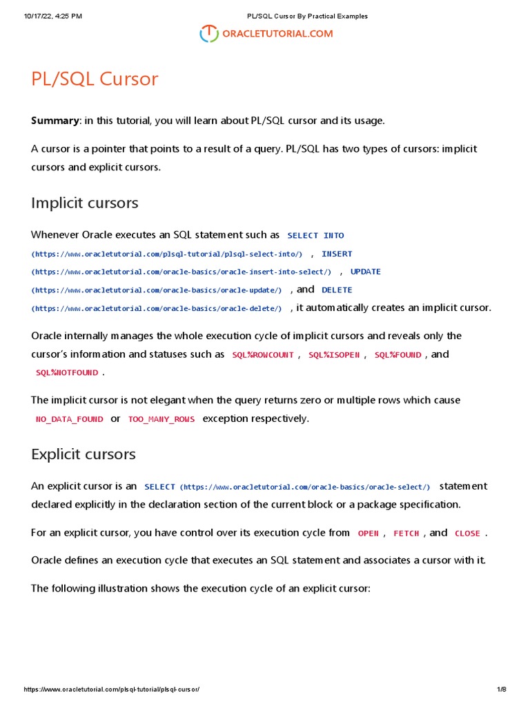 PL - SQL Cursor by Practical Examples | PDF | Pl/Sql | Sql